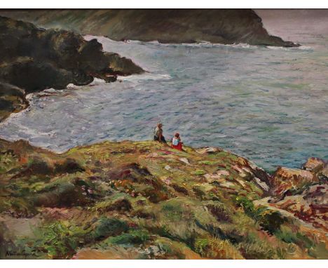 N**S*q** (20th century school)Children on the Headlandindistinctly signed, oil on canvas, 43.5cm x 59cm
