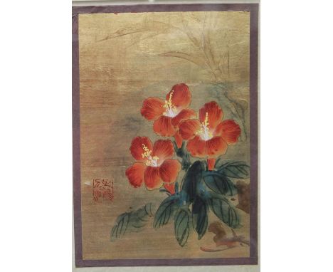 Chinese SchoolStudy of Hibiscusred seal mark, watercolour on gilt ground, 24cm x 16.5cm