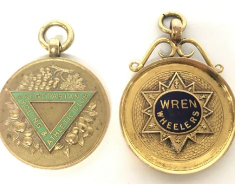 A pair of 9ct gold and enamel cycling medals including Wren Wheelers Record 50 Miles and Vegetarian Cycling & Athletics 50 Mi
