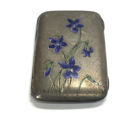 A small Austrian silver cigarette case with enamel violet decoration, marks to the inside for Scheid Georg Adam, Vienna. (B)