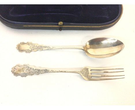 A cased silver spoon and fork for circa 1900s. 36.60g total. Postage B