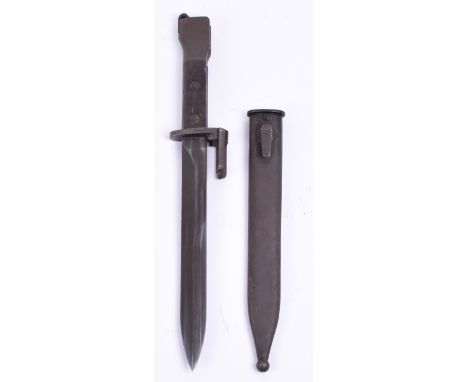 Belgium F.N - F.A.L Type A Bayonet, with two piece wooden grips. Top pommel stamped 8492. Housed in the original metal scabba