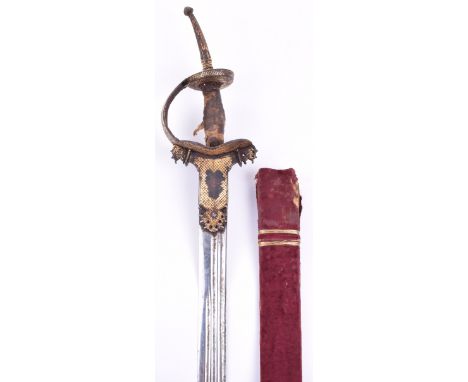 18th Century Indian Sword Firangi, broad straight polished blade cut with 3 fullers, iron hilt of conventional form decorated