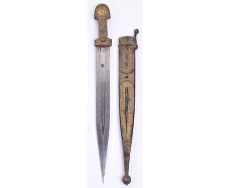 Russian Dagger Kindjal, first half of the 20th century, straight double edge blade cut with 3 fullers, silver covered hilt an