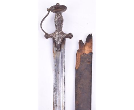 Indian Sword Tulwar, 18th century slightly curved single edge blade cut with two fullers, and etched with an Islamic inscript