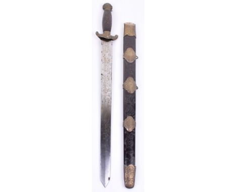 Chinese Short Sword Jian, shallow diamond section blade inlaid with brass dragons, gods and characters, brass crosspiece cast