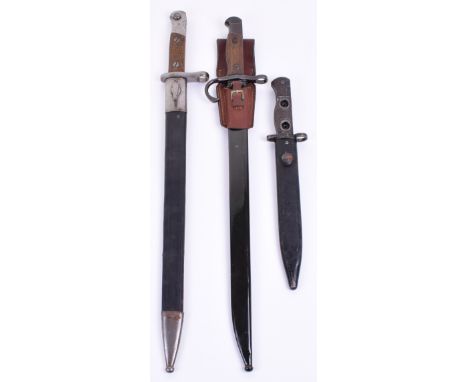 Japanese Arisaka Bayonet complete with its re-painted scabbard having a reproduction leather frog attached. Blade with Arsena