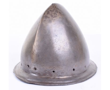 Italian Helmet ‘Cabaset’ c.1590, raised from a single plate, skull with medial ridge rising to a ‘pear stalk’ finial, broad b