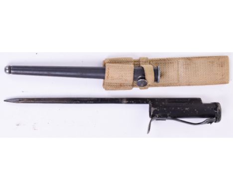 Museum Quality Reproduction WW2 British Sten Gun Bayonet, housed in an original No4 pattern scabbard with webbing frog. Good 