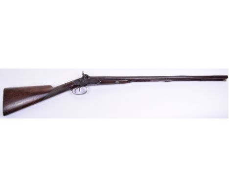 Double Barrel 20 Bore Percussion Sporting Gun by Clarke, 117cms, stub twist barrels 76cms engraved Clarke London with raised 