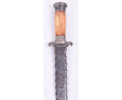 ^ French or Belgian Hunting Knife, probably made for the Indian market, late 19th century, straight blade with wavy edges inl