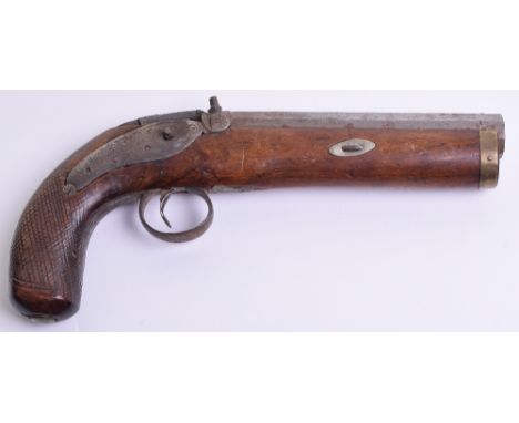 Back Action Percussion Travelling Pistol, 25cms, octagonal barrel 15cms stamped LONDON, lock engraved T FISHOE (?) with folia