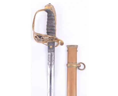 Good 1845 Pattern Indian Infantry Officers Sword, slightly curved etched and mirror polished blade by Harman and Co Calcutta,