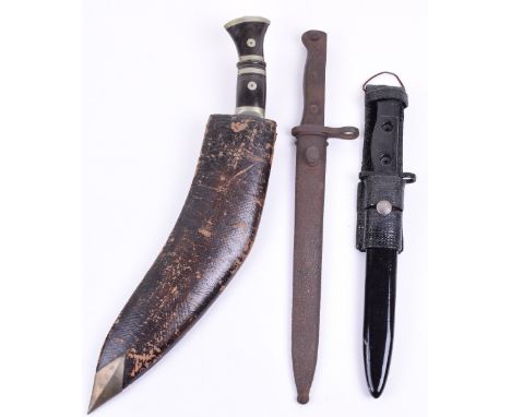 British L1A3 Bayonet, complete with its original scabbard and black painted webbing frog. Blade stamped 59 with broad arrow s