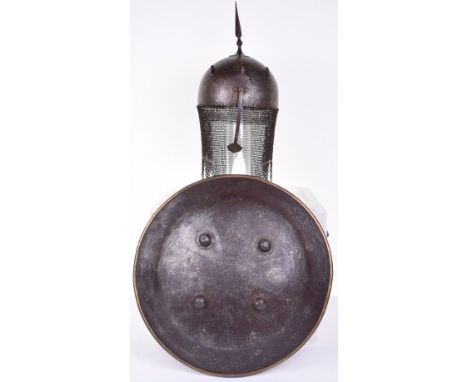 Indo-Persian Matching Helmet Kulah Khud and Shield Dhal, 19th century, the helmet with iron bowl etched with cartouches conta