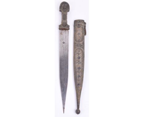 Russian Dagger Kindjal, first half of the 20th century, straight double edge blade, silver hilt and sheath chased with foliag