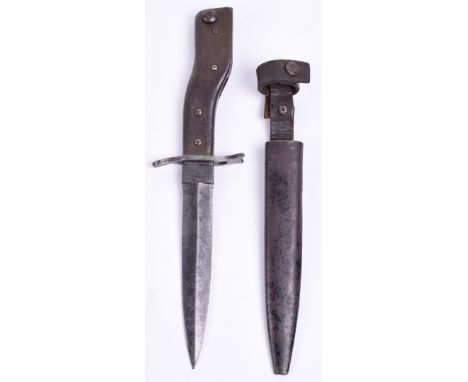 Imperial German Demag Fighting Knife / Bayonet, complete with its original steel scabbard and leather belt loop. Handle retai