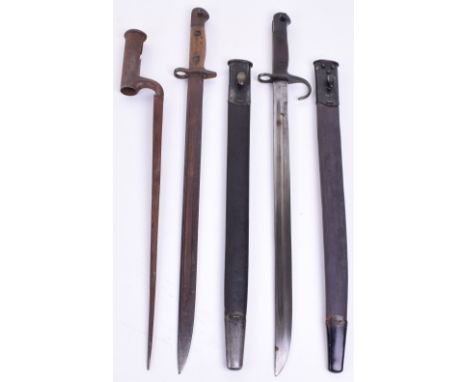 British 1907 Pattern Bayonet, complete with its leather and steel mounted scabbard. Two piece wooden grips, stamped “B CO S M