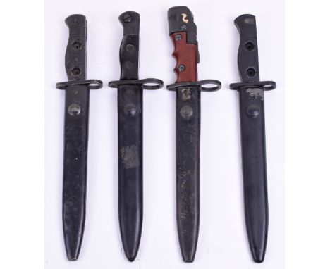 British No7 Mk1 Bayonet, complete with its original grip and twist muzzle ring. Housed in the original black painted scabbard