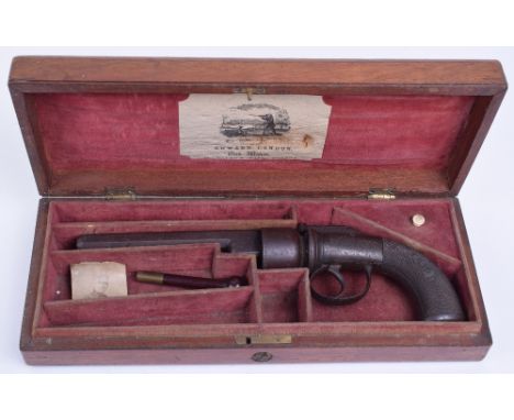 6-shot 54 Bore Bar Hammer Self-Cocking English Transitional Percussion Revolver 31cms,  octagonal barrel 15cms engraved Impro