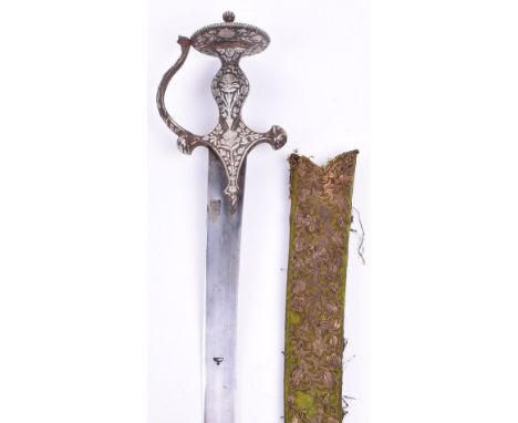 Indian Sword Tulwar, 19th Century, curved polished single edge blade with false edge at tip, struck with an Islamic maker’s m