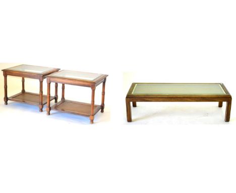 A Pair of Reproduction Walnut and Rattan Effect Glass Top Side Tables, of recent date, raised on square form legs joined by a