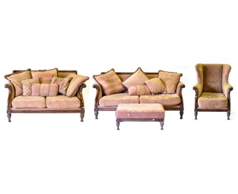 An Impressive Four Piece Mahogany Framed Lounge Suite, of recent date, upholstered in floral patterned fabric, comprising a t