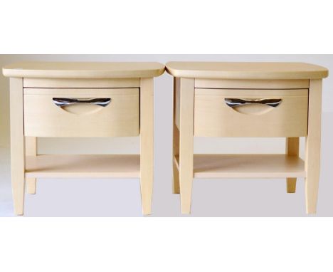 A Pair of Reproduction Beech Bedside Tables, each fitted with a drawer with chromed handle, raised on square form legs joined