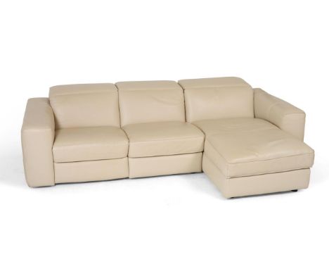 A Natuzzi Cream Leather Corner Suite, comprising a two-seater sofa with square arms and a chaise section, maximum width 258cm