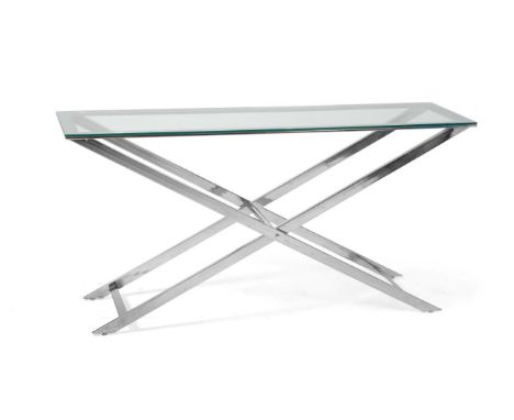 A Polished Metal and Glass Top Console Table, of recent date, of rectangular form, raised on an X frame support, 150cm by 43.