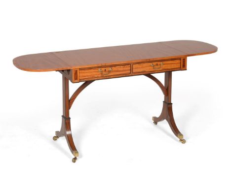 A Good Quality Reproduction Satinwood and Crossbanded Sofa Table, 20th century, with two rounded drop leaves above two real a