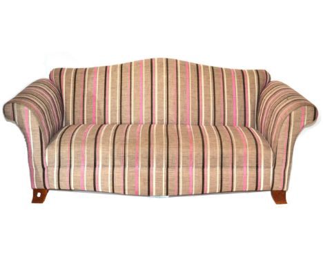 A Three-Seater Sofa, of modern date, labelled Technique 2000, upholstered in brown, pink and cream striped fabric with rounde