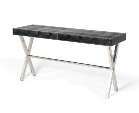 A Black Faux Leather and Stitched Hall or Console Table, of recent date, of rectangular form and raised on a polished metal X