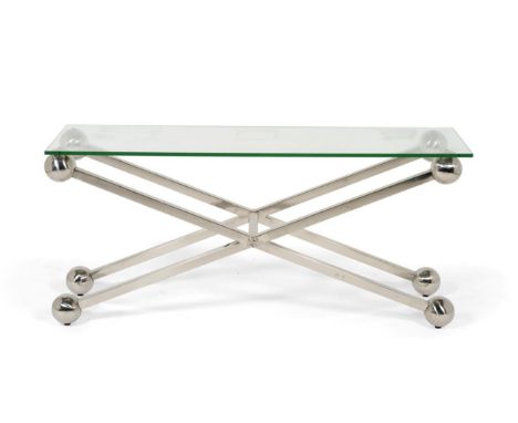 A Reproduction Glass Top Console Table, with rectangular top, raised on a polished metal X frame with ball feet, 161cm by 48c