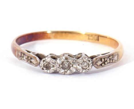 Three stone diamond ring featuring three small single cut diamonds in illusion settings, stamped 18ct, size Q