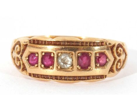 18ct gold ruby and diamond five stone ring centring an old cut diamond and four small graduated rubies, Chester 1905, size M