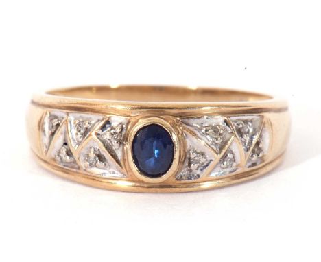 Modern 375 stamped ring centring a bezel set blue stone and highlighted with eight small single cut diamonds, size O/P