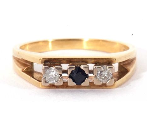 18ct gold sapphire and diamond ring centring a small round cut sapphire, flanked by two small diamonds, all between split ang