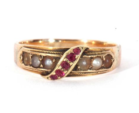 Victorian 15ct gold ruby and seed pearl ring, the centre applied with a band of graduated rubies flanked by six small seed pe