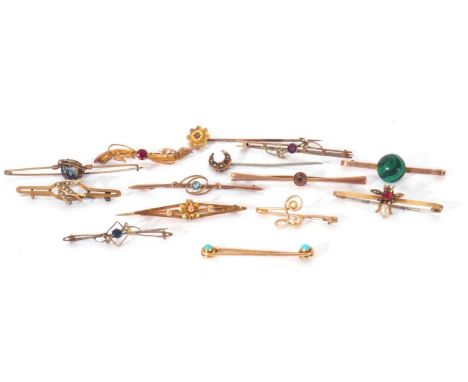 Mixed Lot: seven 9ct stamped brooches to include malachite, seed pearl and insect examples, two 9ct stick pins together with 