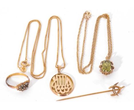 Mixed Lot: 14k stamped pendant suspended from a 585 marked box chain, a green stone pendant suspended from a 9ct gold chain, 