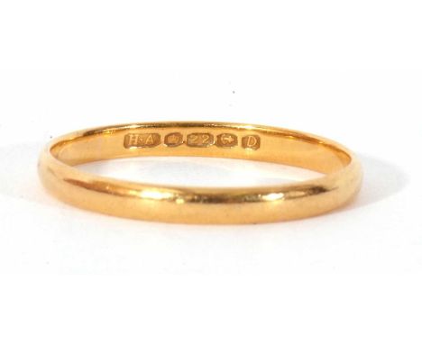 22ct gold wedding ring, of plain polished design, Birmingham 1953, 2.0gms, size S