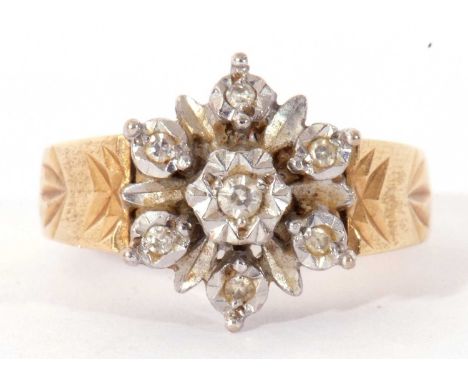 18ct gold and diamond cluster ring, a flowerhead design featuring seven small diamonds, each individually set in illusion set