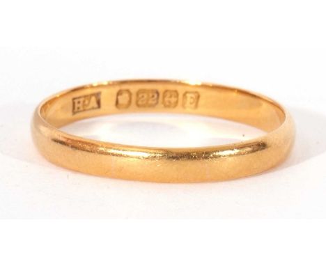 22ct gold wedding ring of plain polished design, Birmingham 1929, 1.6gms, size J/K