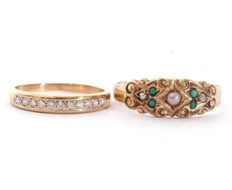 Mixed Lot: 9ct gold seed pearl and turquoise set ring, all in an engraved setting, size O, together with a 9ct gold and small