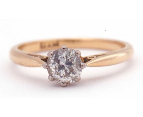 Single stone diamond ring, a round brilliant cut diamond, 0.50ct approx, multi-claw set and raised between upswept shoulders,