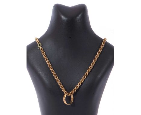 9ct gold rope twist chain (broken) suspending a 9ct gold ring, g/w 13.8gms