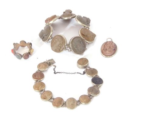 Vintage lava cameo bracelet featuring seven panels joined by chain connectors, a bracelet set with 11 small cameos, together 