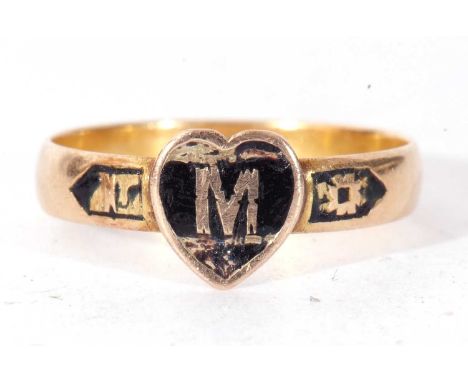 Antique mourning ring, the centre applied with a heart black enamel panel centring a letter 'M', the shoulders with enamel de