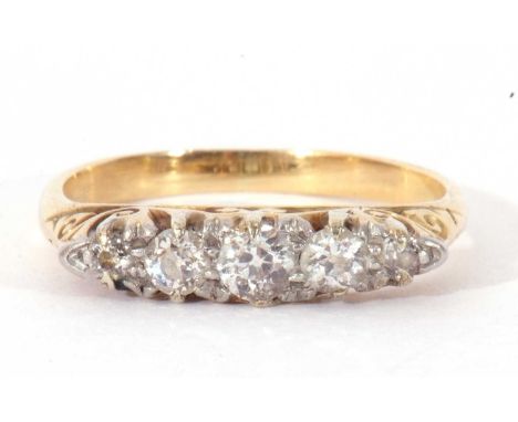 Five stone diamond ring of boat shape featuring five graduated old cut diamonds, individually claw set, total diamond wt 0.35